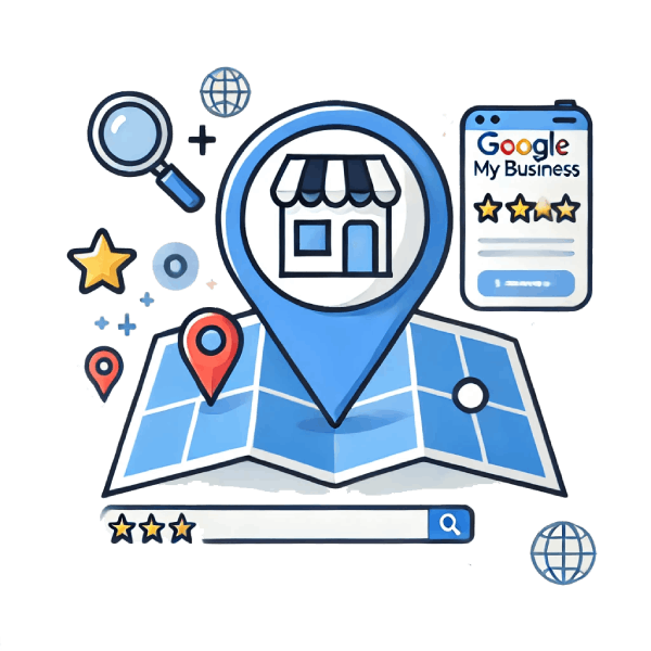 Illustration highlighting Google My Business services for website design and hosting, featuring a location pin, map, star ratings, and a search bar symbolising local search optimisation and online presence enhancement