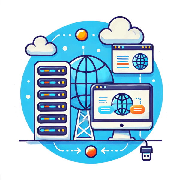 Illustration representing website design and hosting services, featuring a server rack, globe, cloud icons, and computer monitors symbolising connectivity, reliability, and global access