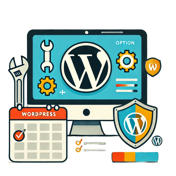 Illustration showcasing WordPress maintenance services, featuring tools, calendar, shield icon, and WordPress logo to represent updates, security, and optimisation for website design and hosting
