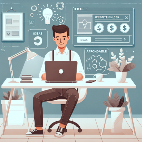 Smiling man using a laptop, surrounded by symbols of budget-friendly website creation tools.