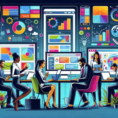 A diverse team collaborates on professional web design, surrounded by colorful charts and graphs on screens, highlighting creativity and technology.