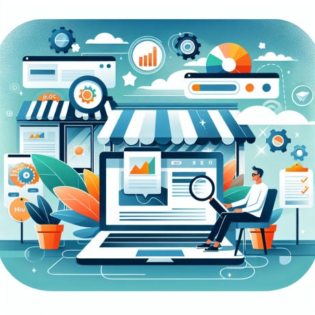 A man sits by a laptop with magnified SEO elements, charts, and gears surrounding small businesses, symbolizing Small Business SEO strategies.