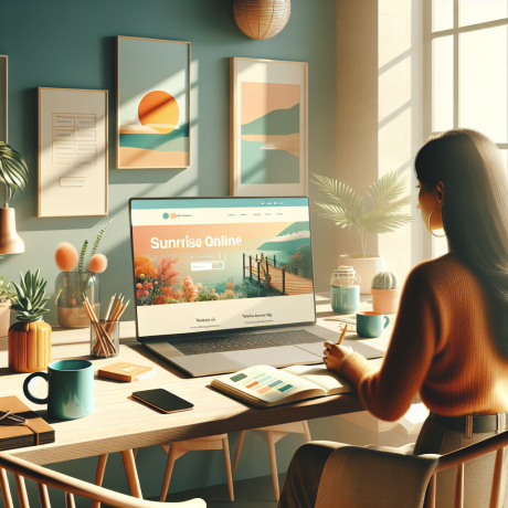 Bright workspace with a woman exploring "Sunrise Online" services on a laptop.