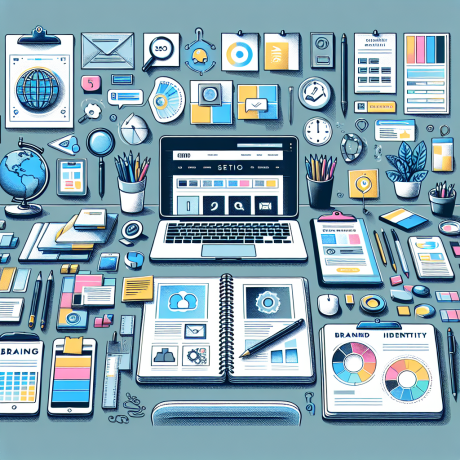 A busy workspace showcasing tools for crafting a distinct website brand identity visually.