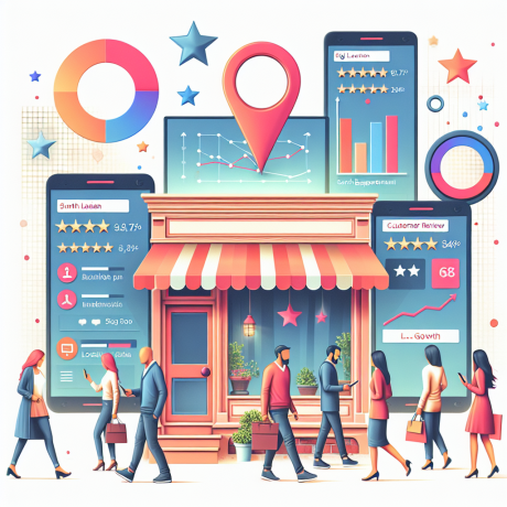 Local business growth depicted with charts, a storefront, and digital reviews.